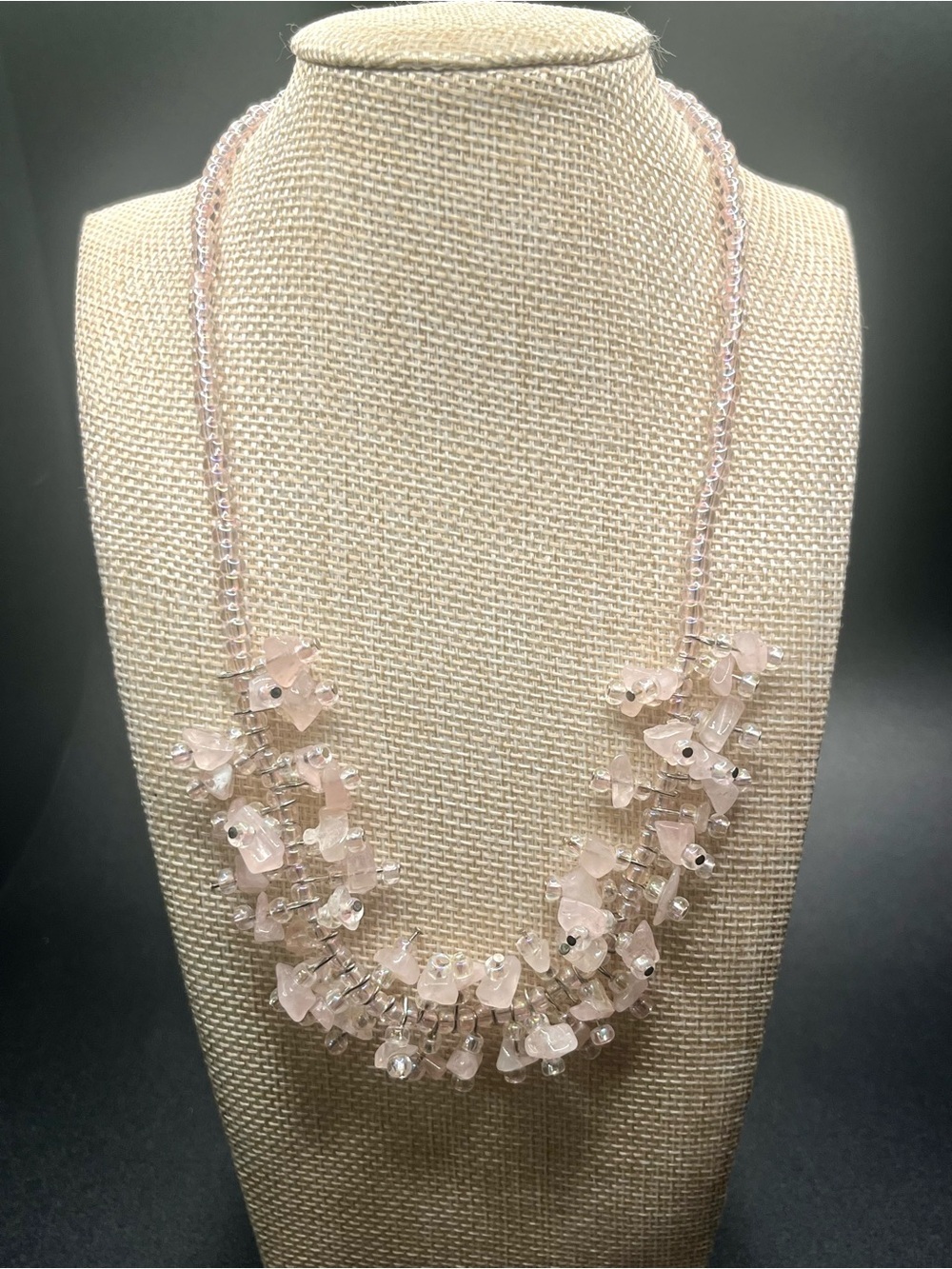 Rose Quartz Chip Fringe Necklace Pink Beaded Statement Necklace